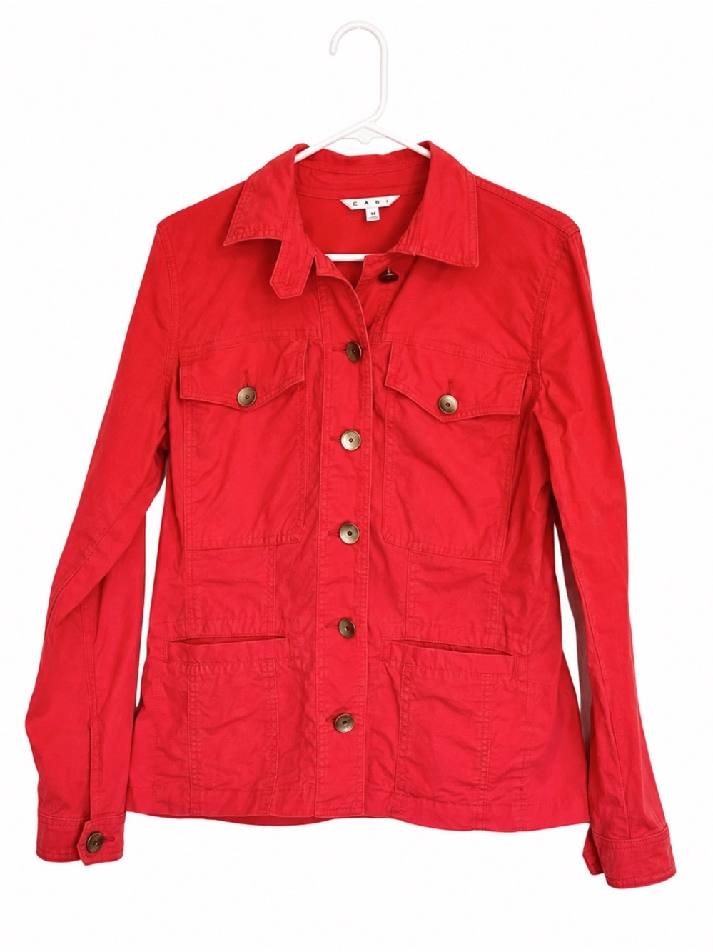 Cabi Washed Coral Peplum Ruffle Back Utility Jacket Medium Military Style